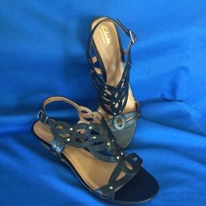 Clarks Black and Tan Leather Cutout Slingback Sandals